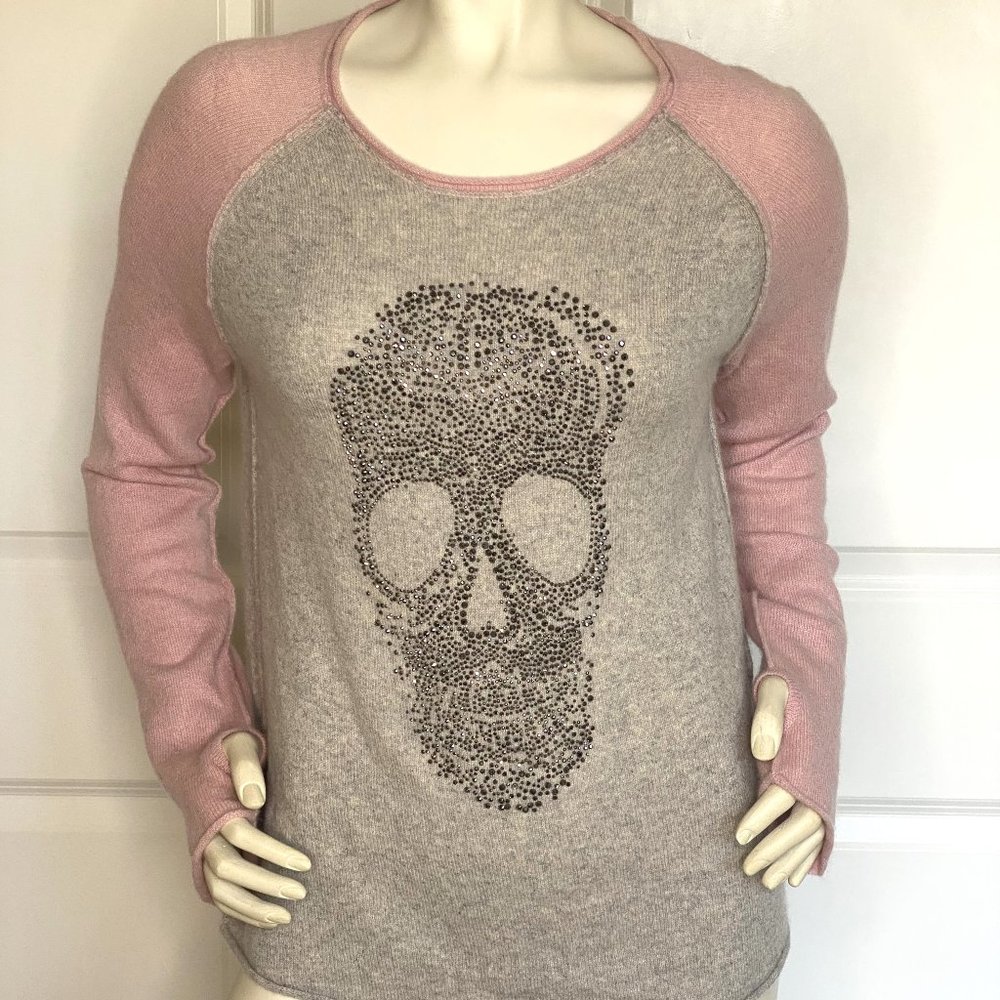 NEW 27 MILES MALIBU "PATRICIA" BEADED SKULL CASHMERE PINK LIGHT SWEATER SIZE: S